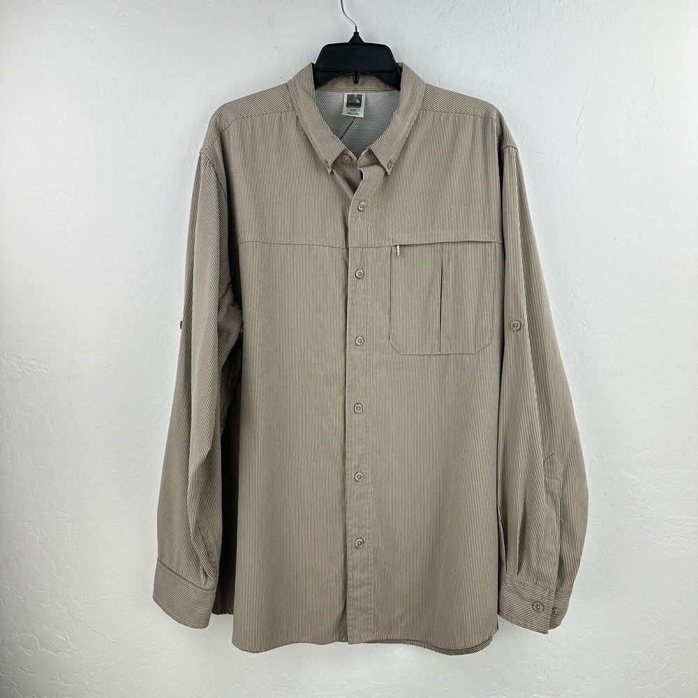 The North Face Shirt Mens XL ACCX Hiking Brown STRIPE Roll Tab Sleeve Zip Pocket